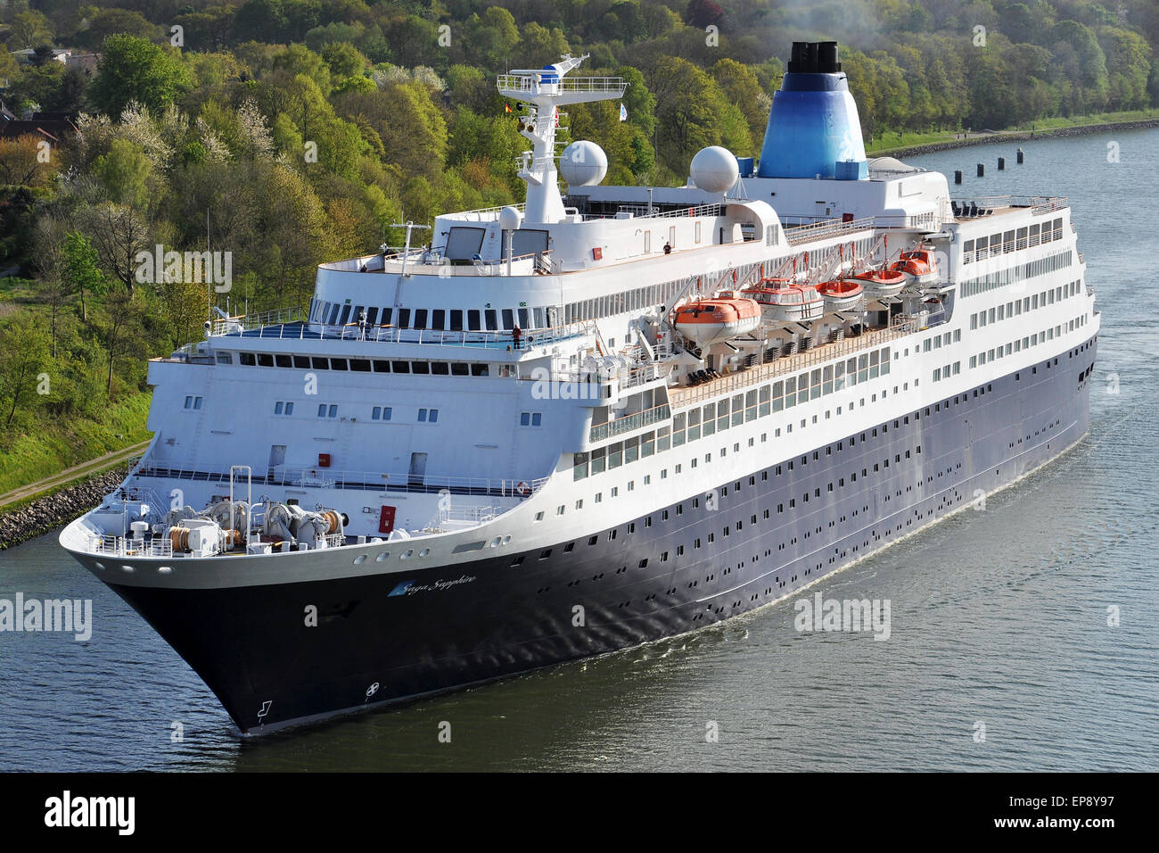 Cruiseship Saga Sapphire passing the Kiel Canal Stock Photo