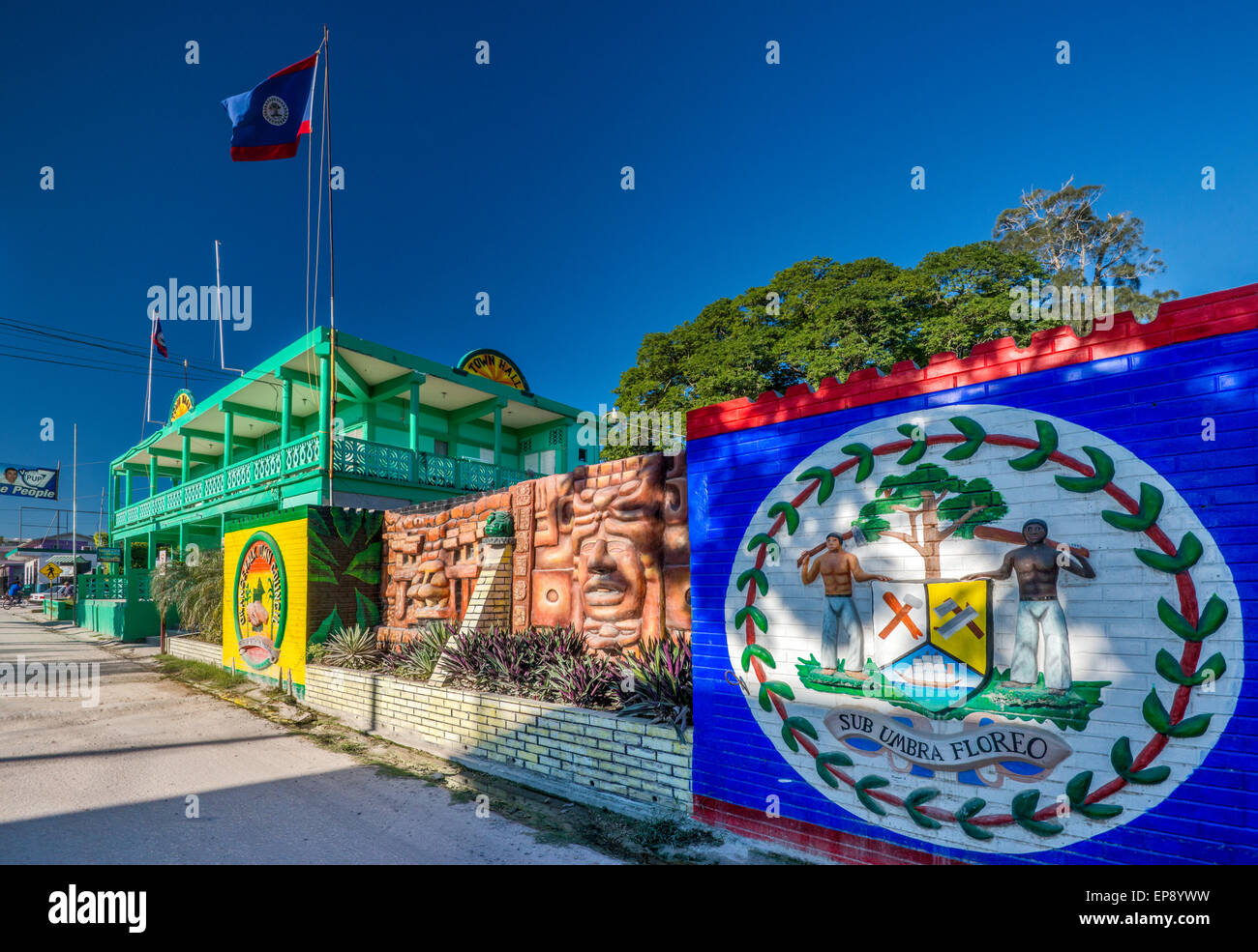 Town Hall, coat of arms of Belize, Orange Walk Town, Orange Walk District, Belize Stock Photo