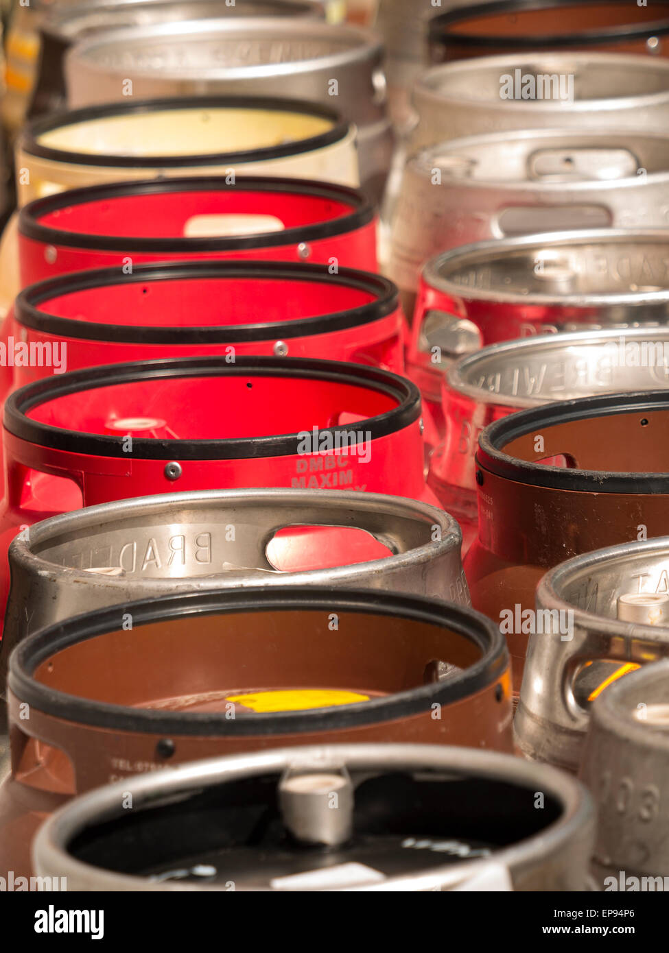 beer barrels waiting for collection outside a pub,Matlock,Derbyshire,UK