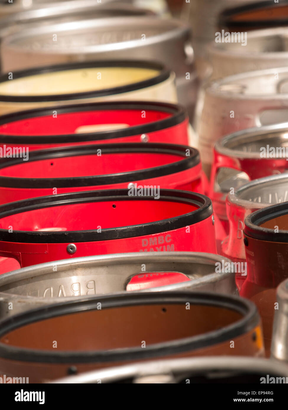 beer barrels waiting for collection outside a pub,Matlock,Derbyshire,UK
