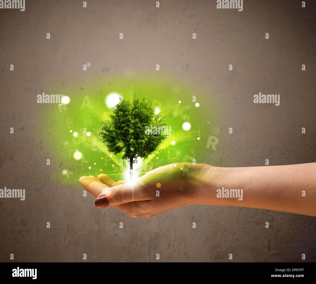 Glowing tree growing in the hand of a woman Stock Photo - Alamy