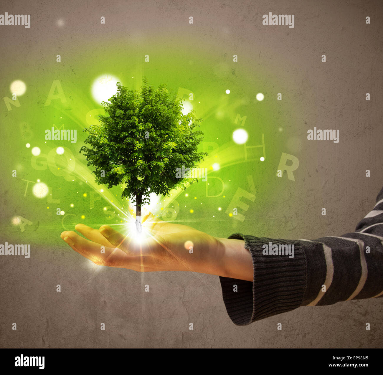 Glowing tree growing in the hand of a woman Stock Photo - Alamy