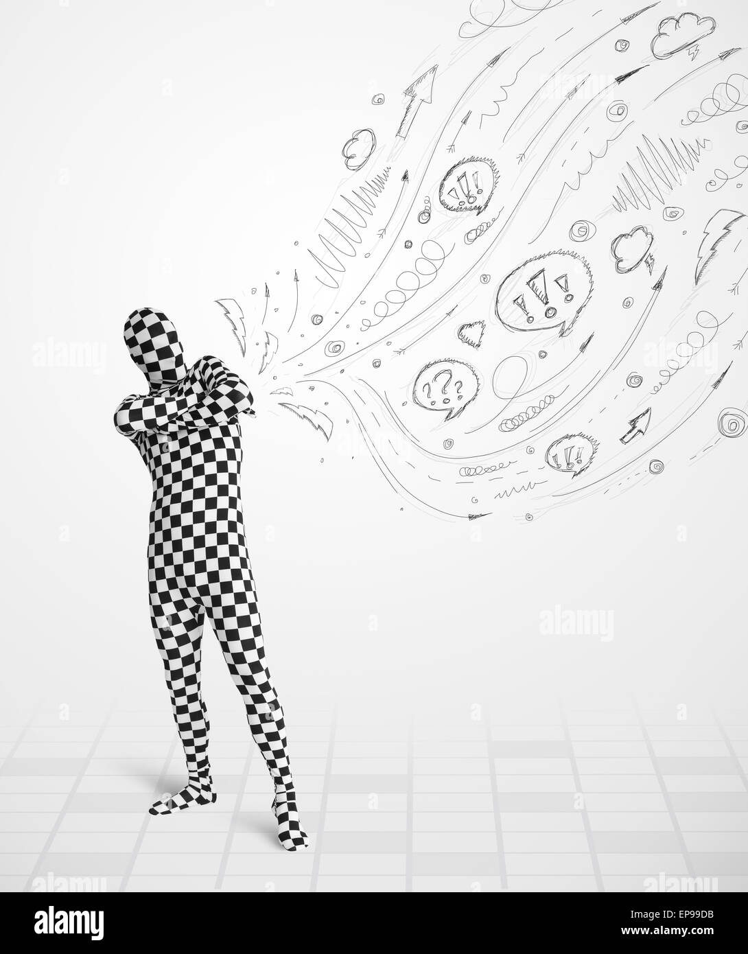 Guy in body suit morphsuit looking at sketches and doodles Stock Photo