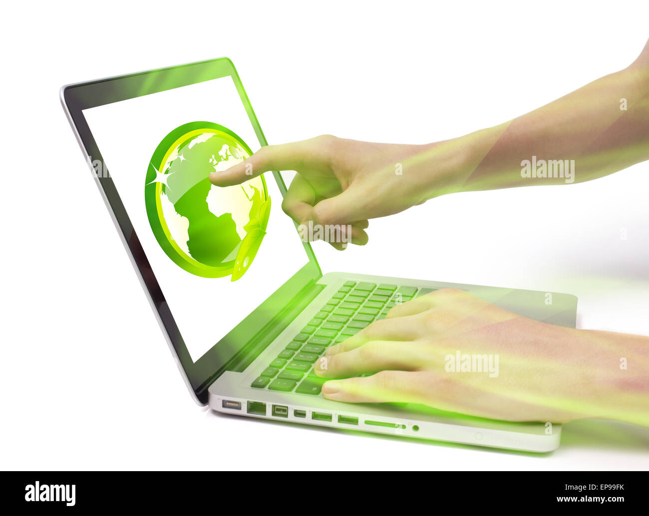hand pointing to a laptop screen over white background Stock Photo - Alamy