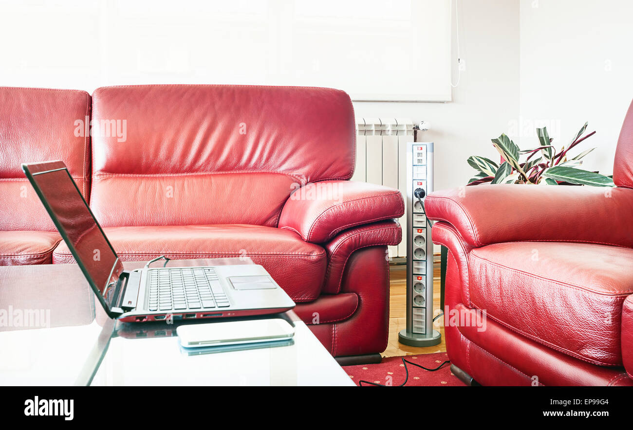 View of Details of a modern room, interior view, furniture in red and electric ...