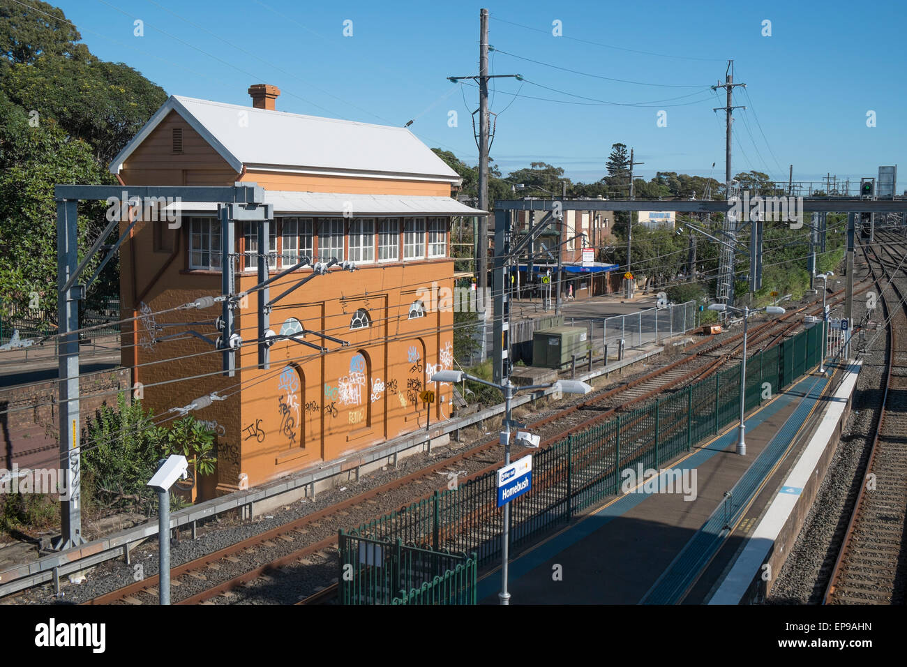 railway signal box at homebush railway station in western sydney,australia Stock Photo