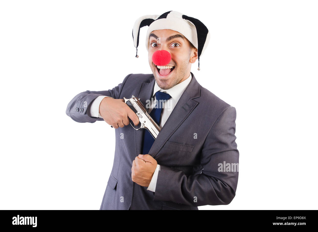Businessman clown with gun isolated on white Stock Photo Alamy