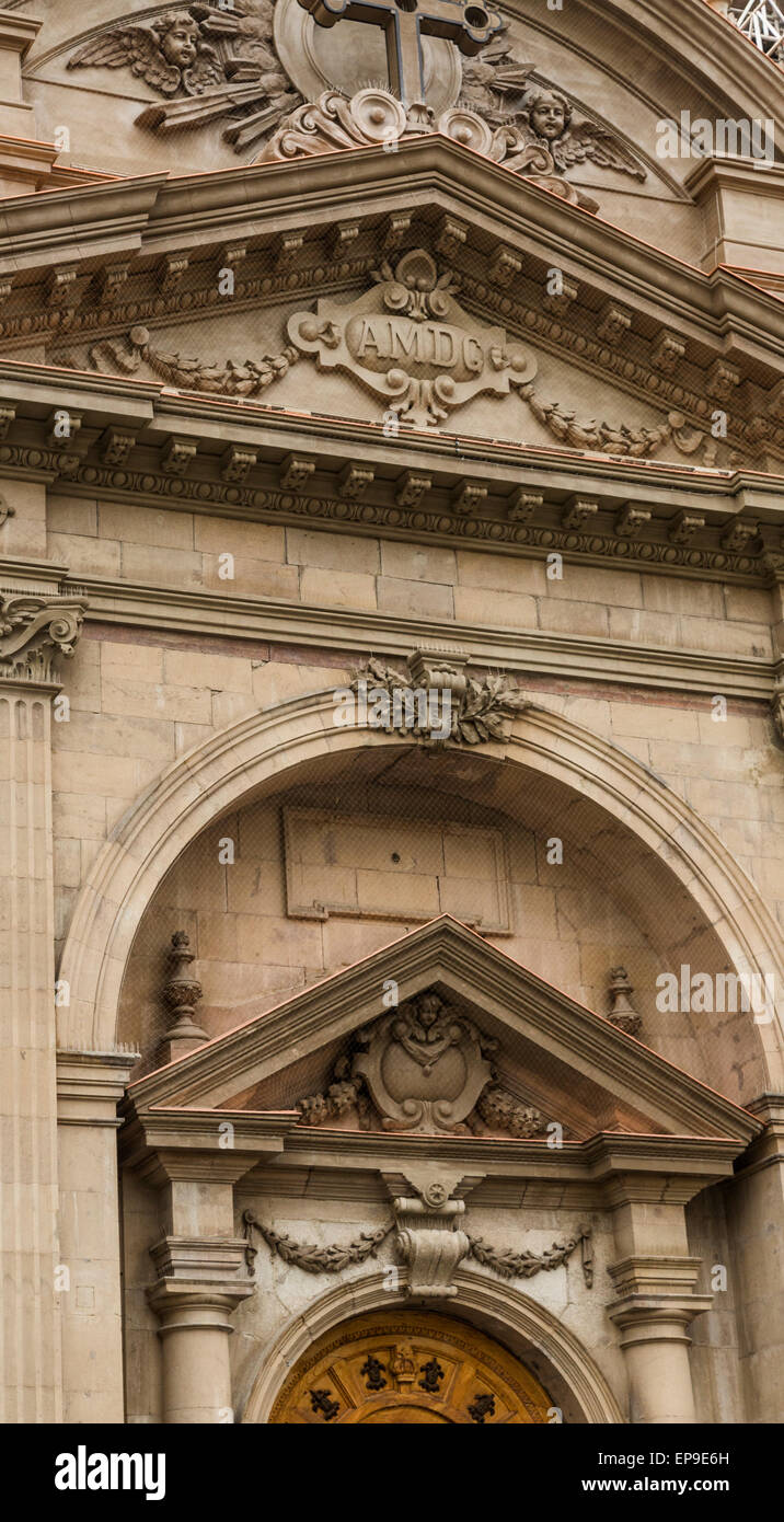 detail of facade, The Metropolitan Cathedral of Santiago (Catedral Metropolitana de Santiago), Plaza de Armas, Santiago, Chile Stock Photo