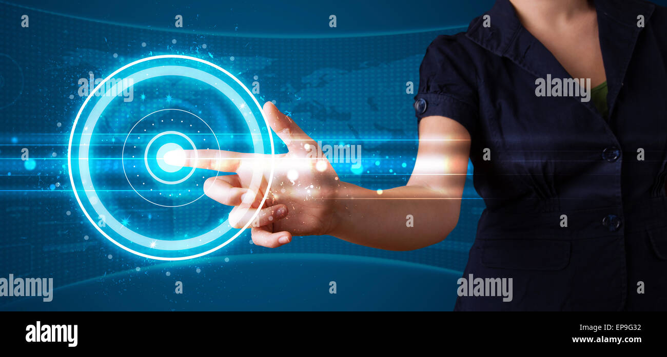 Woman pressing high tech type of modern buttons Stock Photo - Alamy
