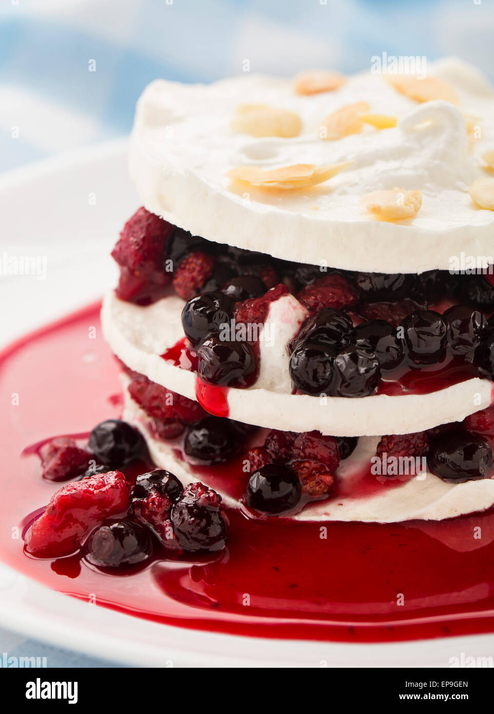 Sweet delicious dessert - meringue with berry layers Stock Photo