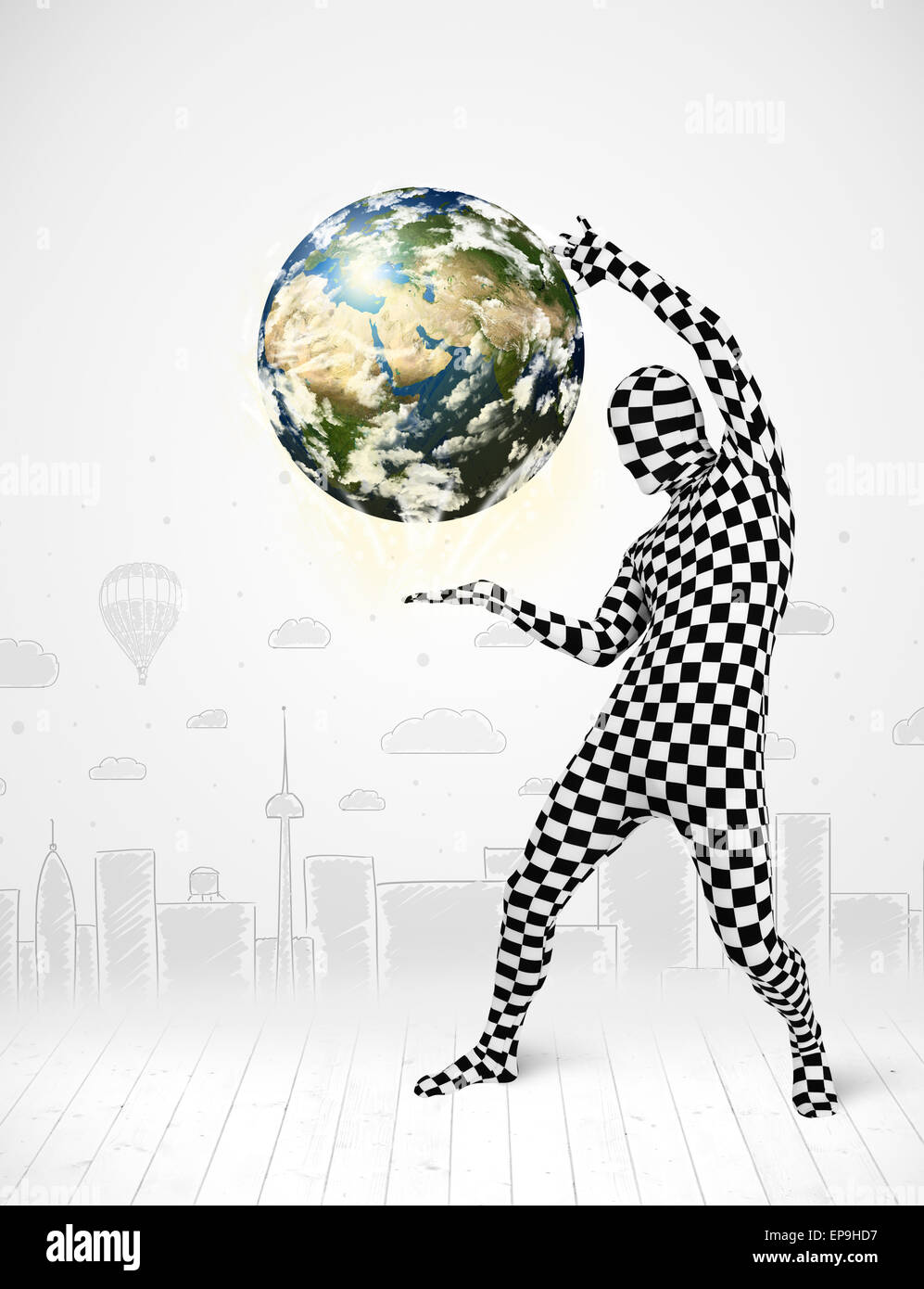 man in full body suit holding planet earth Stock Photo - Alamy