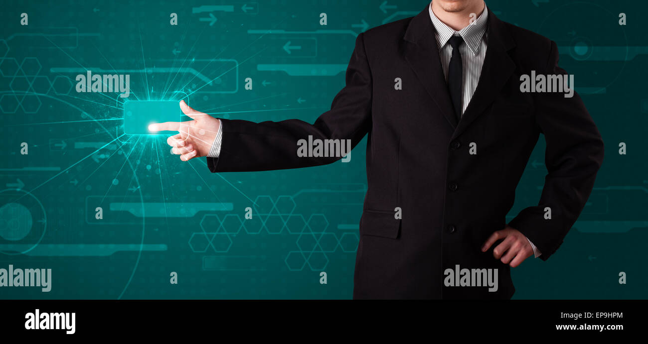 Businessman pressing high tech type of modern buttons Stock Photo - Alamy