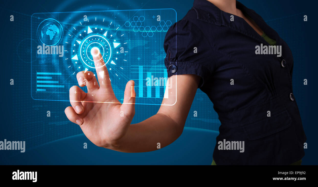 Woman pressing high tech type of modern buttons Stock Photo - Alamy