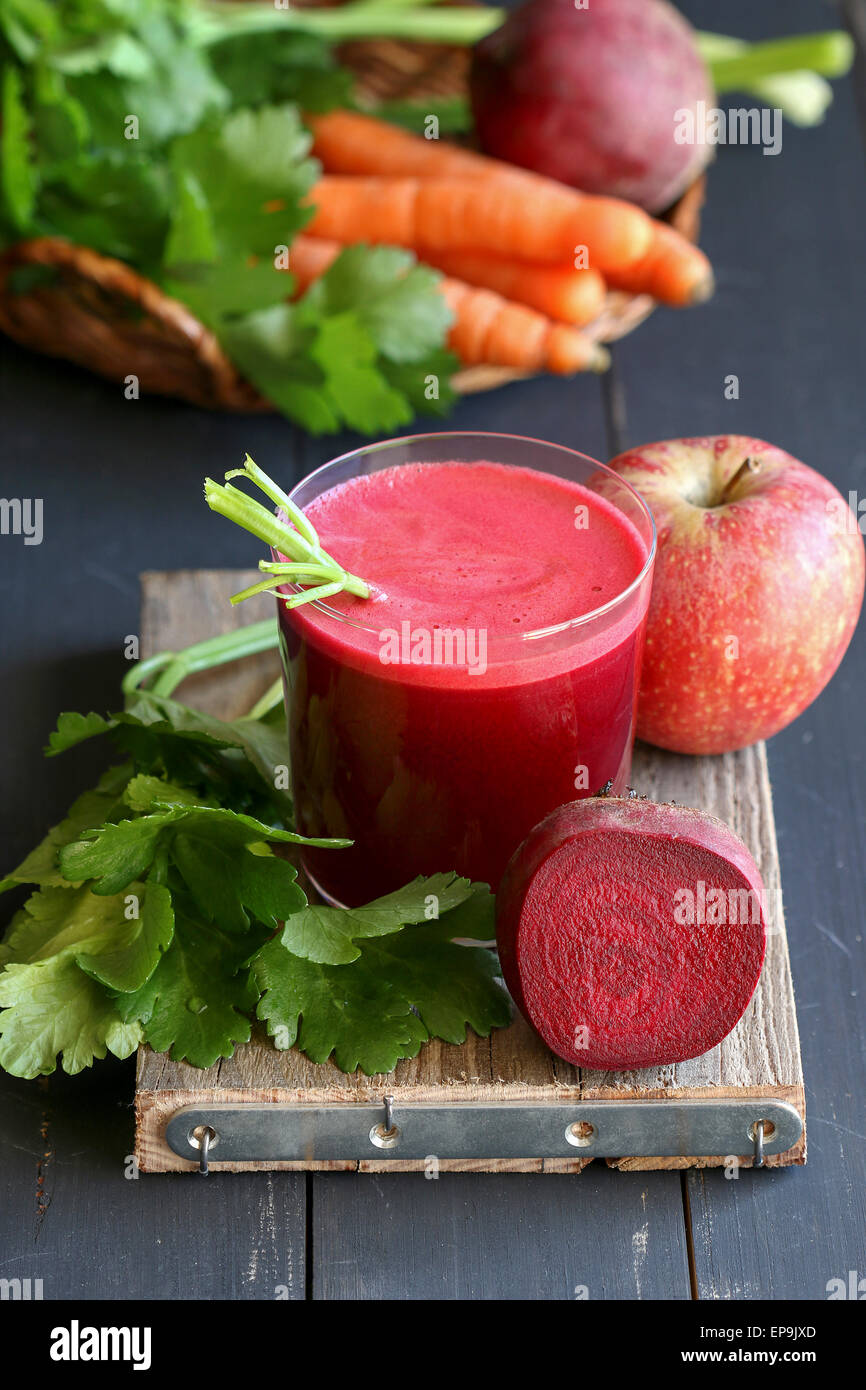 Beetroot juice with apple,carrot and celery Stock Photo