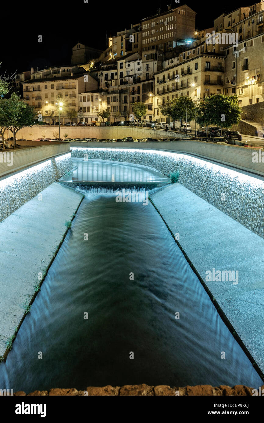 Queiles riverside and Nightscape of Tarazona city. Aragón, Spain Stock Photo