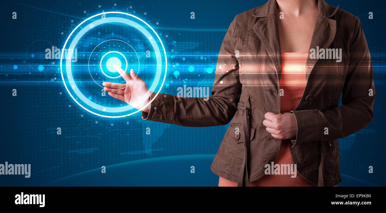 Woman pressing high tech type of modern buttons Stock Photo - Alamy