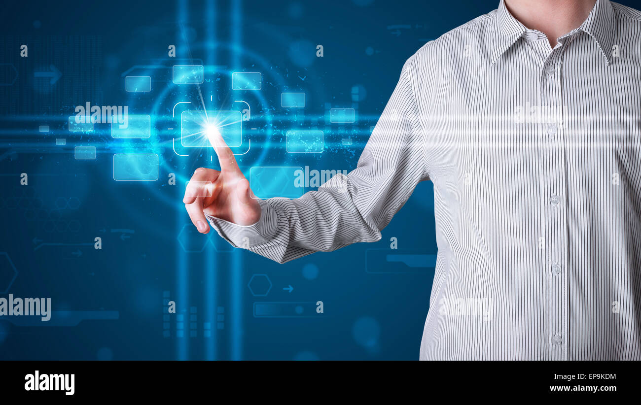 Businessman pressing high tech type of modern buttons Stock Photo - Alamy