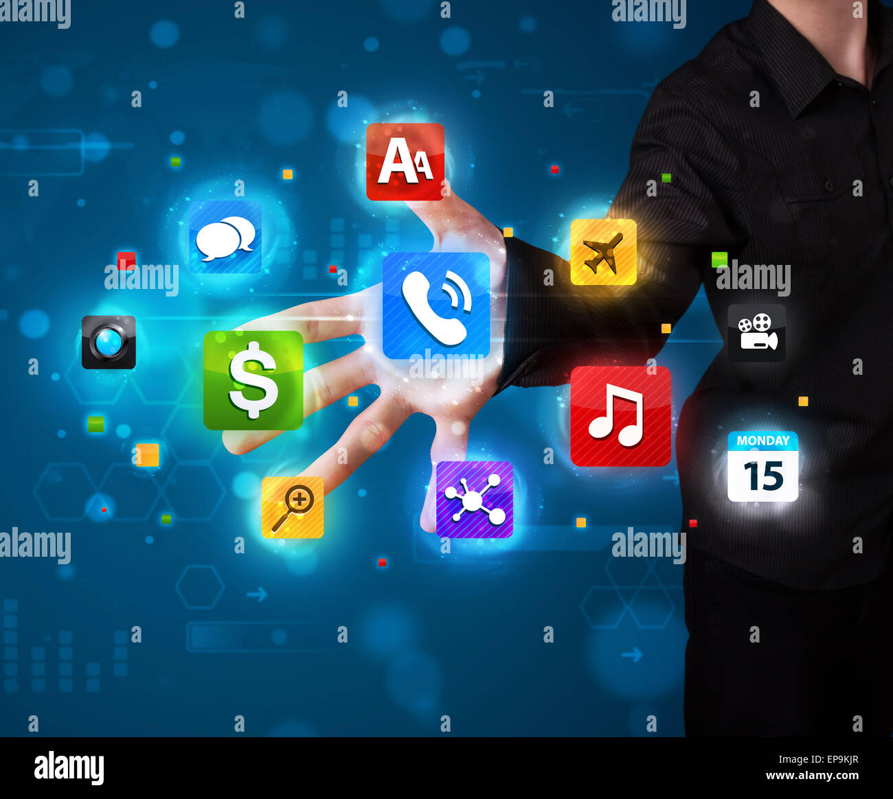 Man pressing various collection of high tech buttons Stock Photo - Alamy