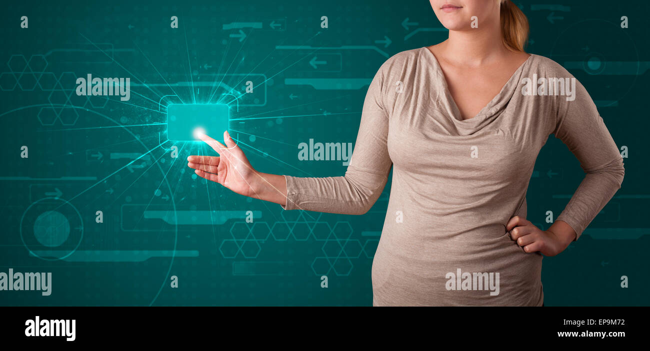 Woman pressing high tech type of modern buttons Stock Photo - Alamy