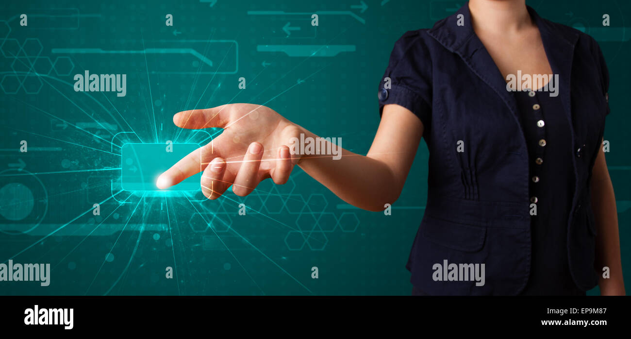 Woman pressing high tech type of modern buttons Stock Photo - Alamy