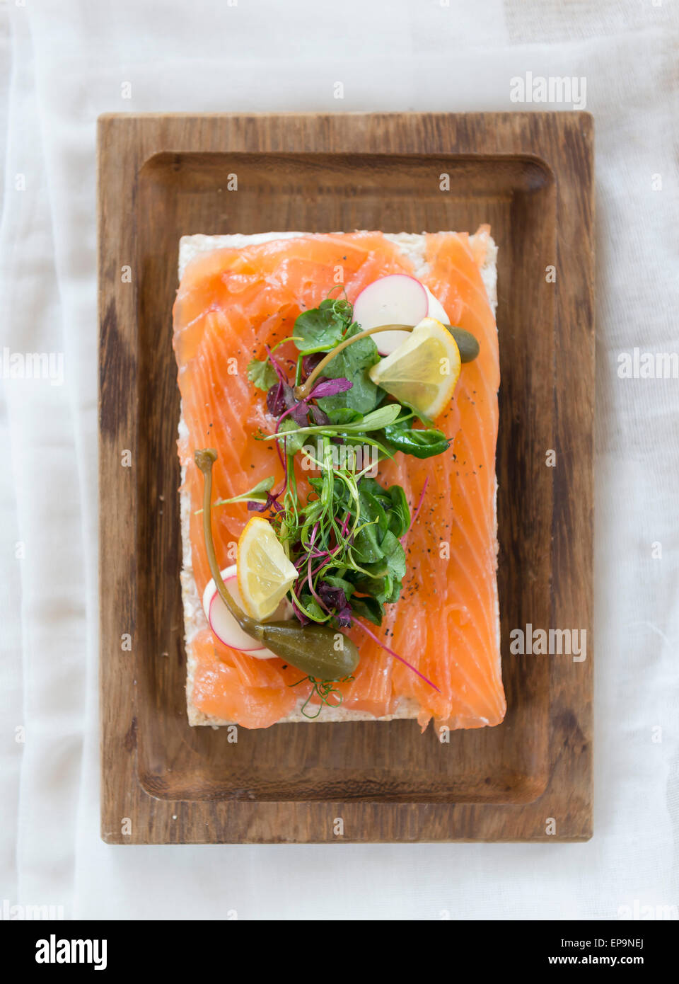 Smoked salmon open sandwich Stock Photo