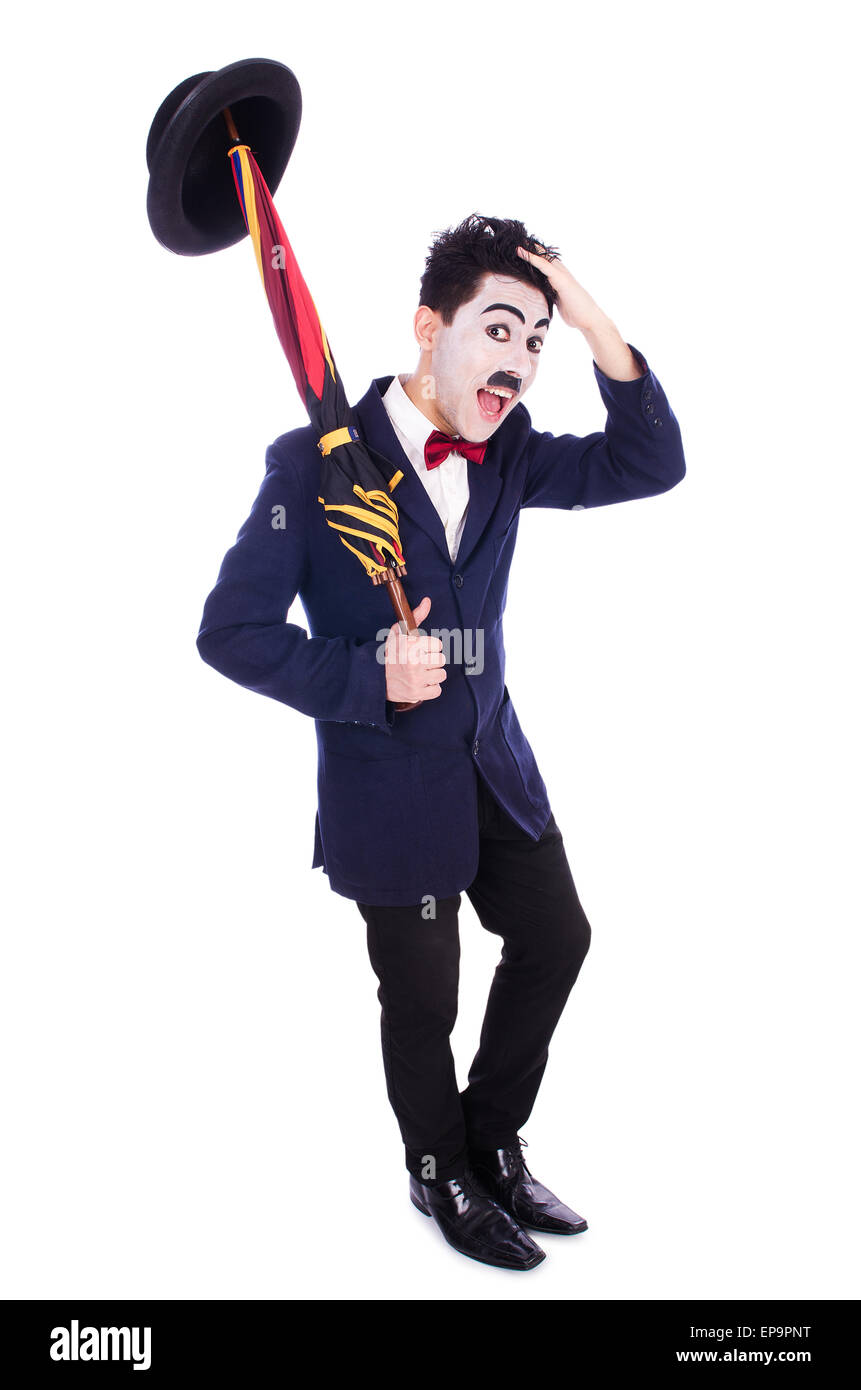 Funny man with umbrella on white Stock Photo Alamy
