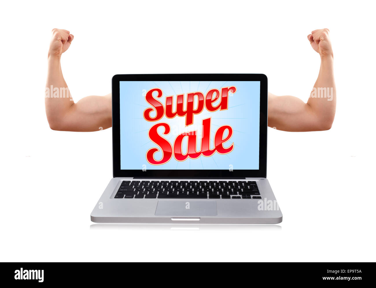 Laptop with super sale sign and muscular biceps Stock Photo