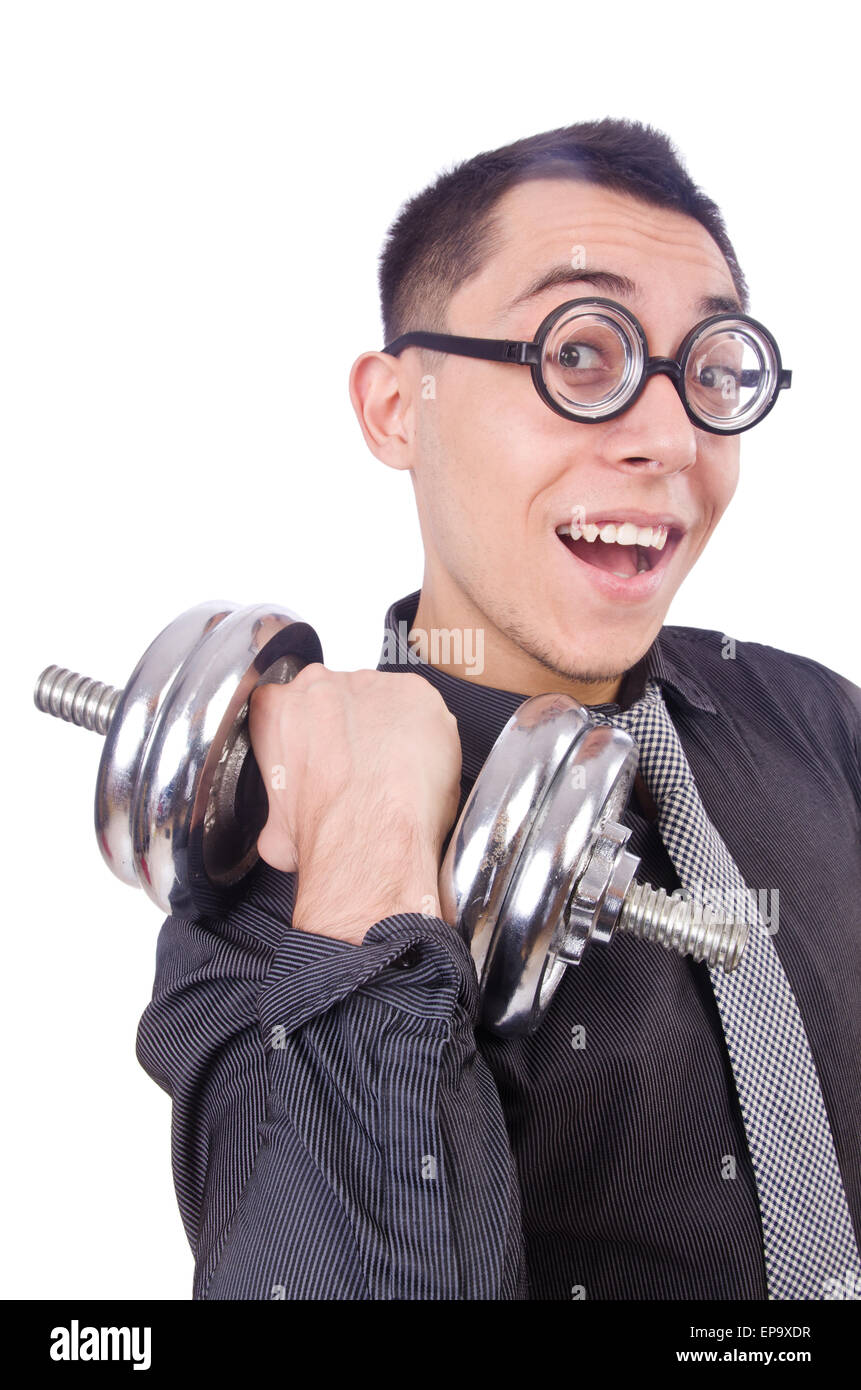 Funny businessman with dumbbells isolated on white Stock Photo - Alamy