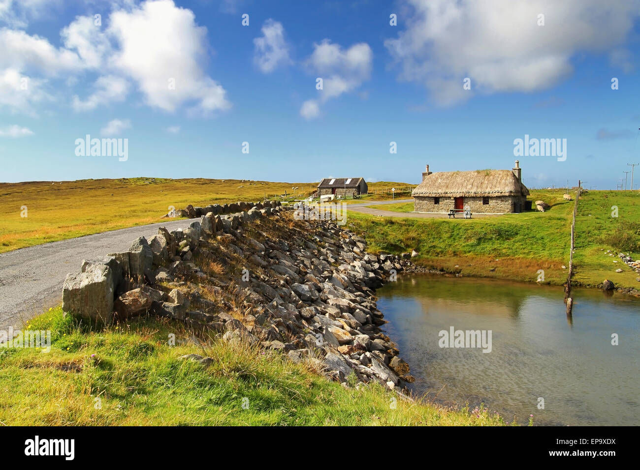 Traditional Scottish black house in the Outer Hebrides, Scotland Stock Photo