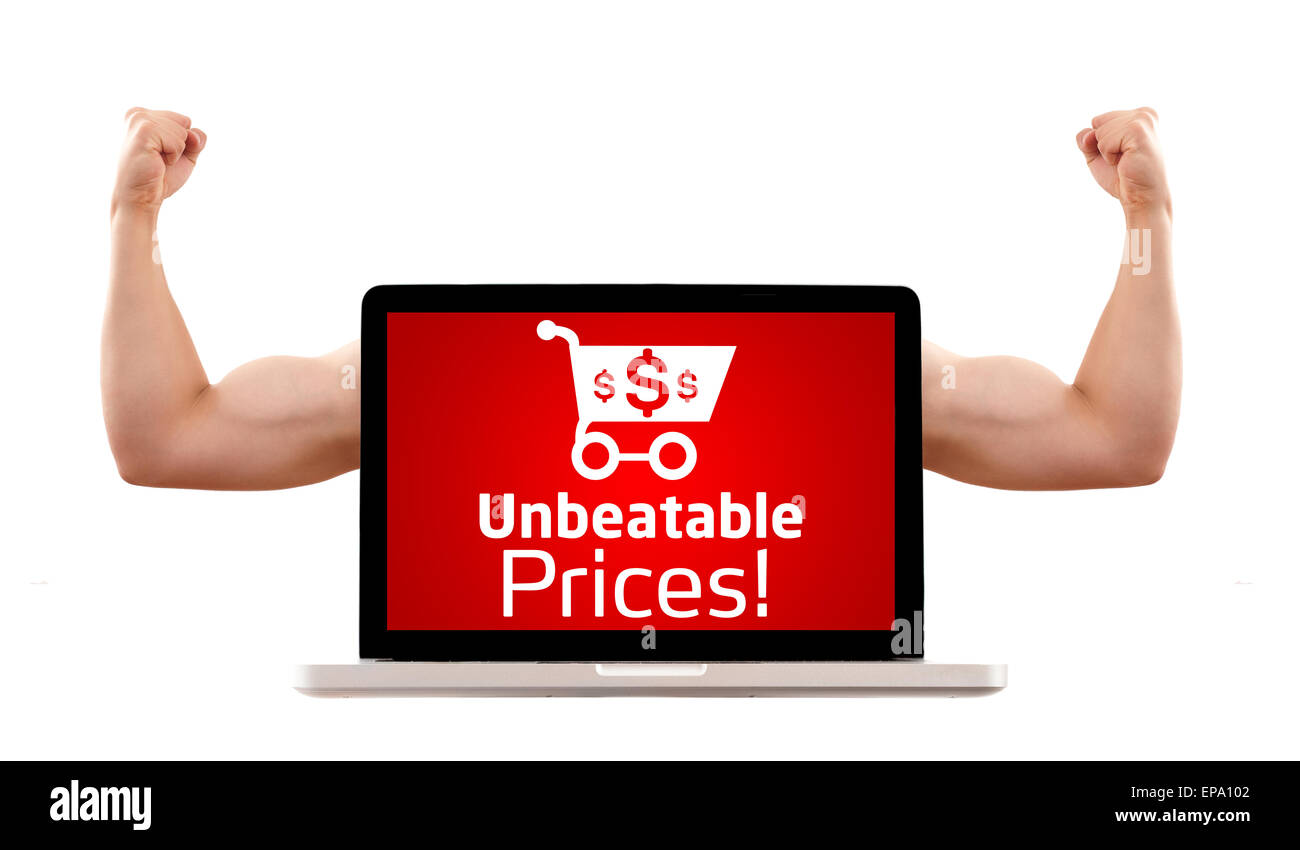Laptop with unbeatable prices and shopping cart sign Stock Photo