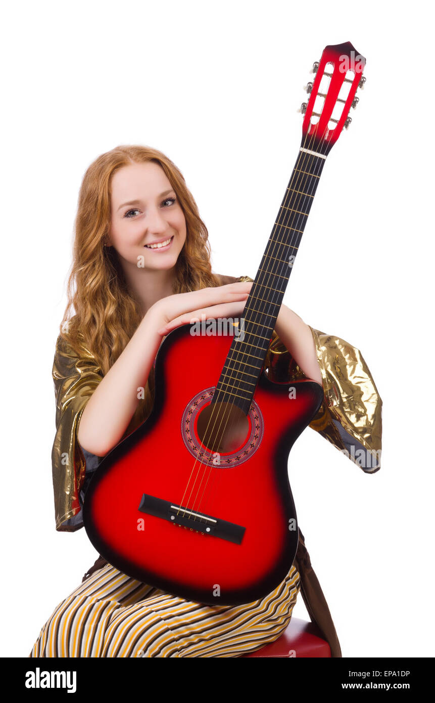 Young girl with guitar on white Stock Photo - Alamy