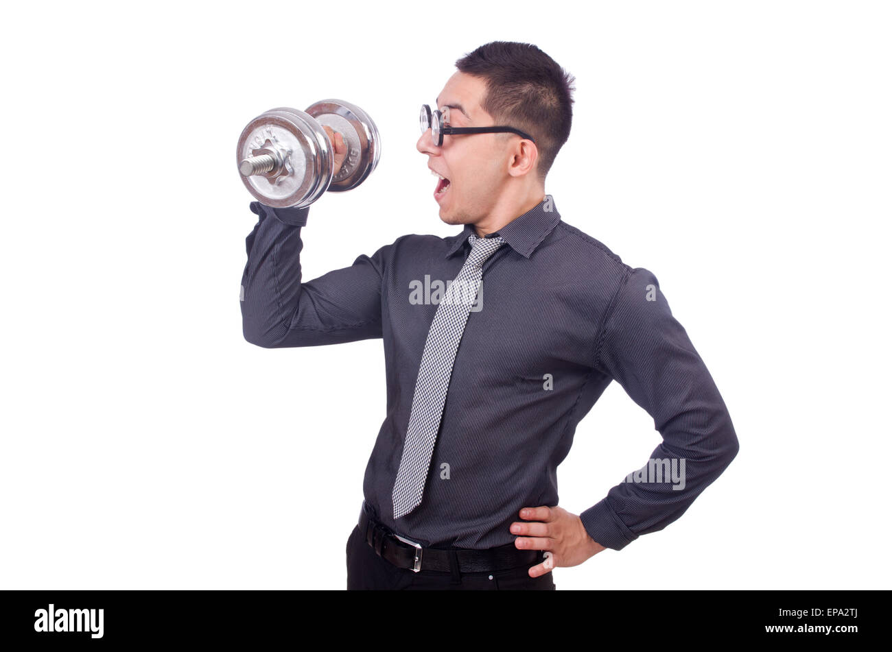 Funny businessman with dumbbells isolated on white Stock Photo Alamy