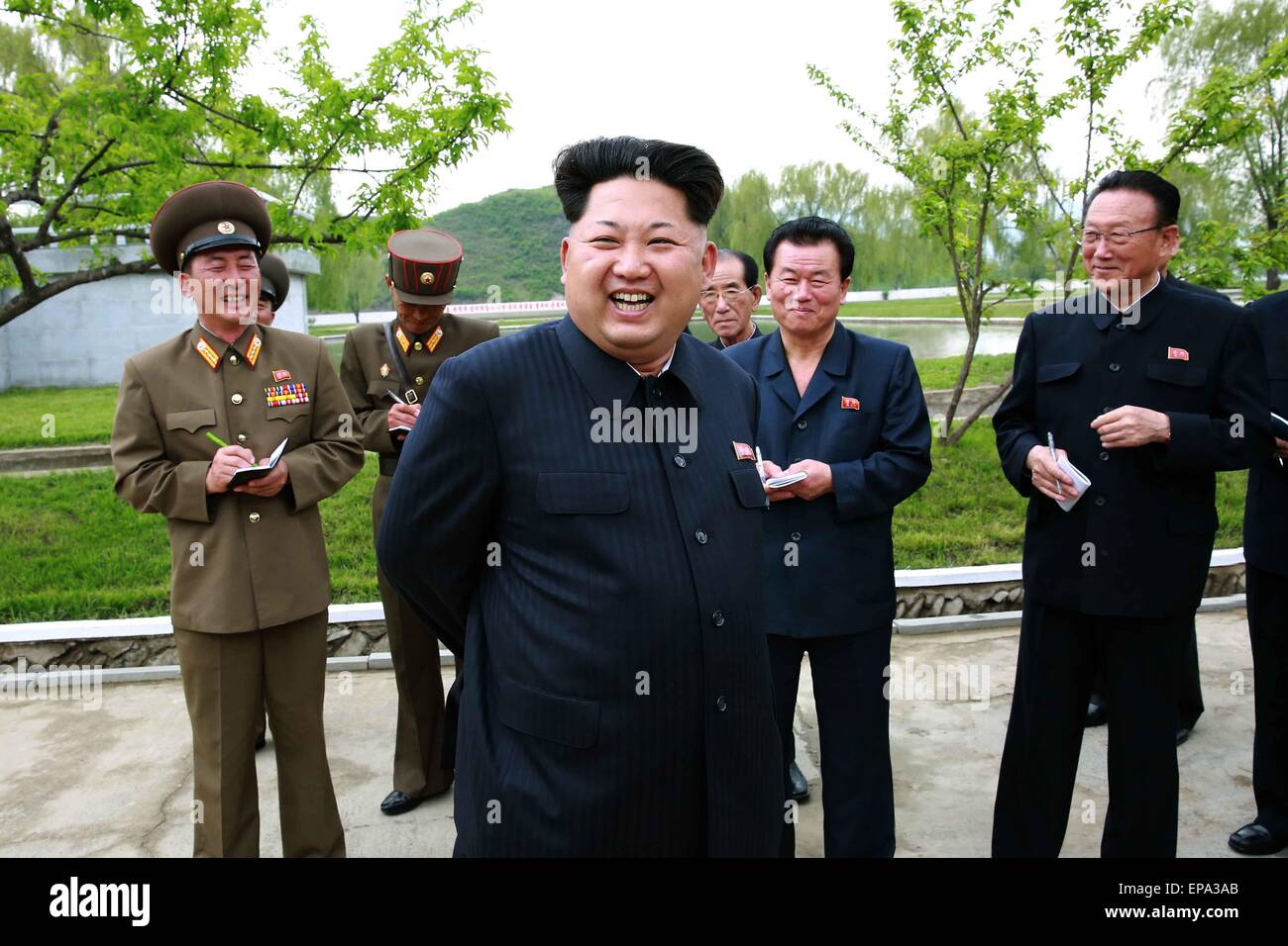 Pyongyang. 15th May, 2015. Photo provided by Korean Central News Agency (KCNA) on May 15, 2015 shows top leader of the Democratic People's Republic of Korea (DPRK) Kim Jong Un recently inspecting Sinchang fish farm under Unit 810 of the Korean People's Army (KPA). Credit:  KCNA/Xinhua/Alamy Live News Stock Photo