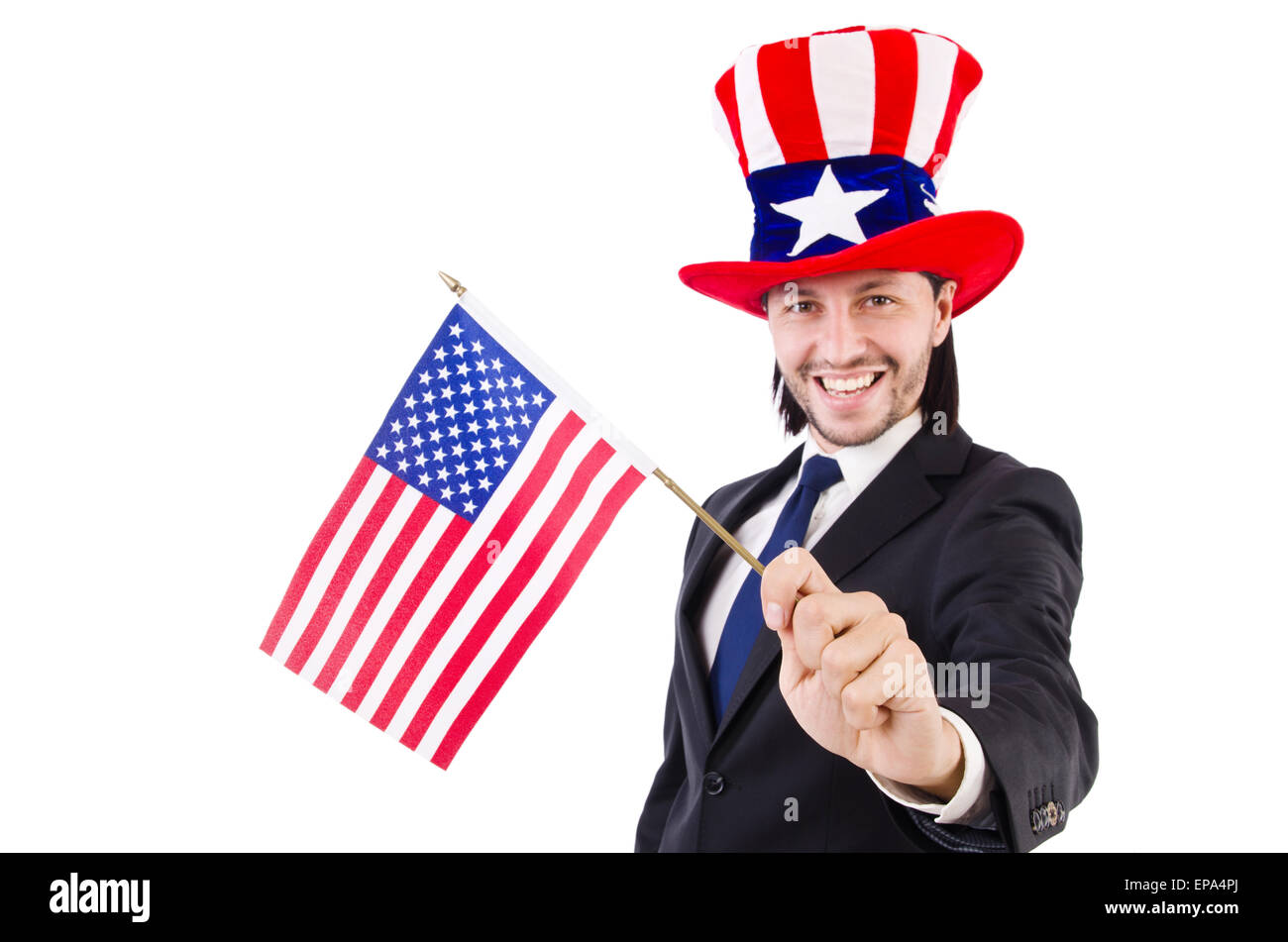 Man with american flag isolated on white Stock Photo - Alamy