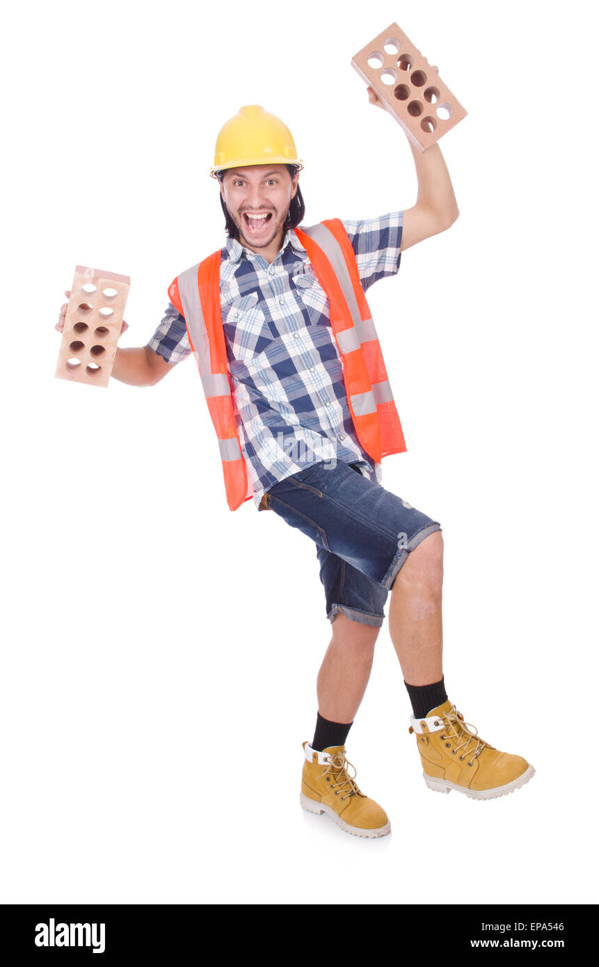 Builder with clay bricks isolated on white Stock Photo Alamy