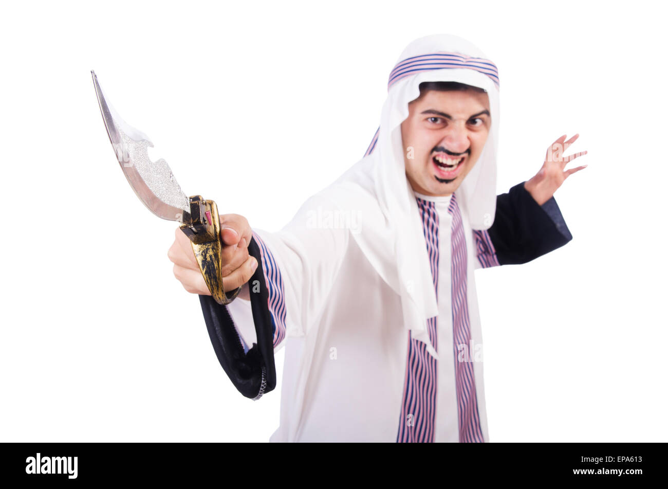 Arab man with knife isolated on white Stock Photo