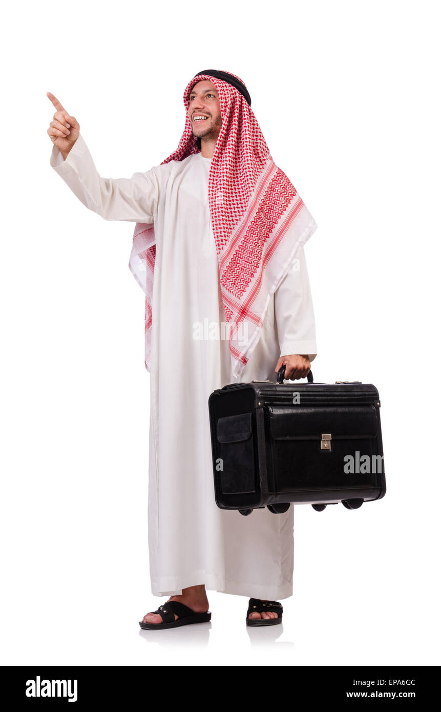 Arab man with luggage on white Stock Photo