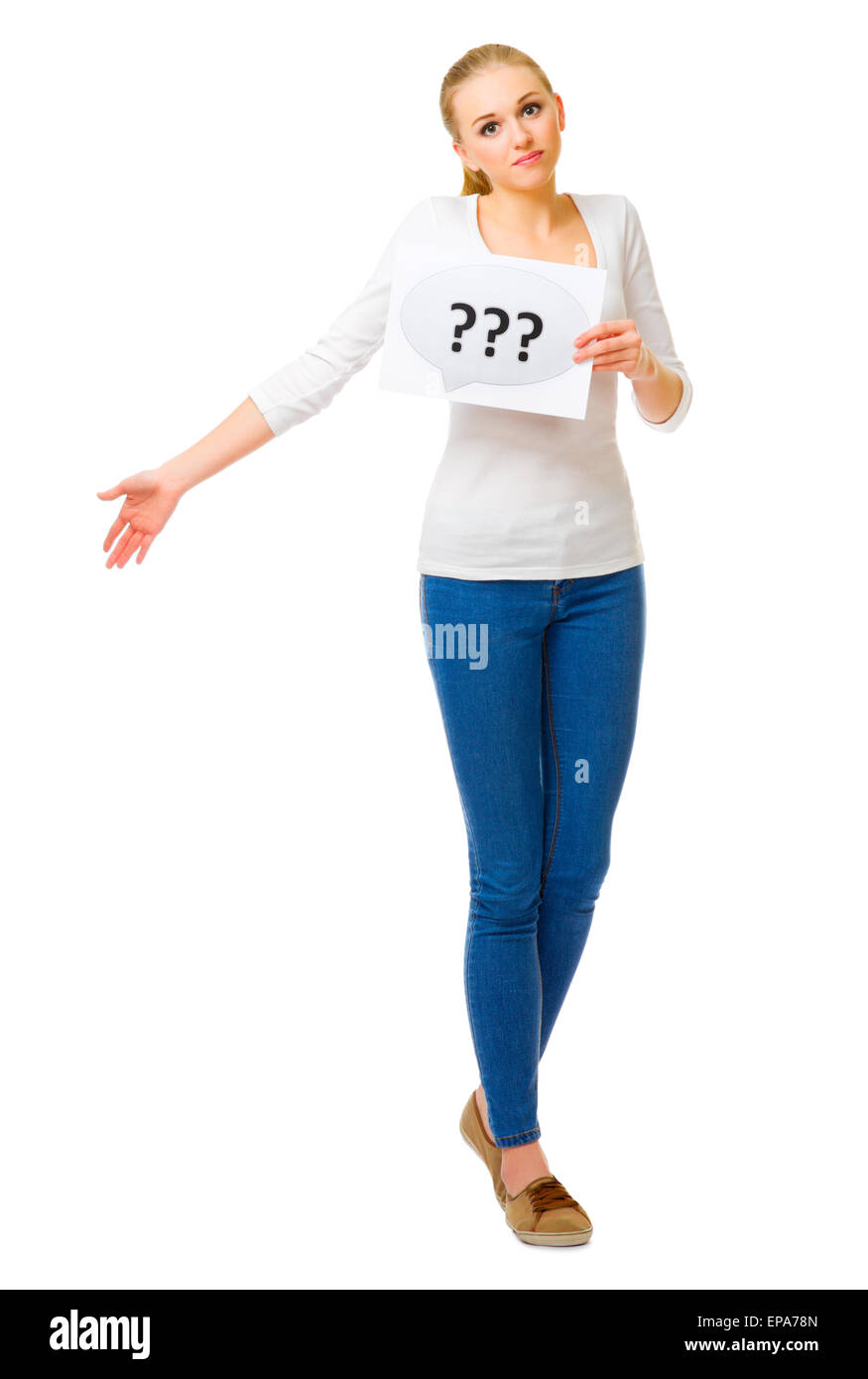 Young girl with question placard isolated Stock Photo