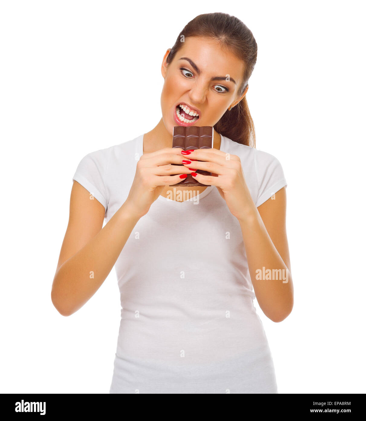 Funny young girl with chocolate isolated Stock Photo