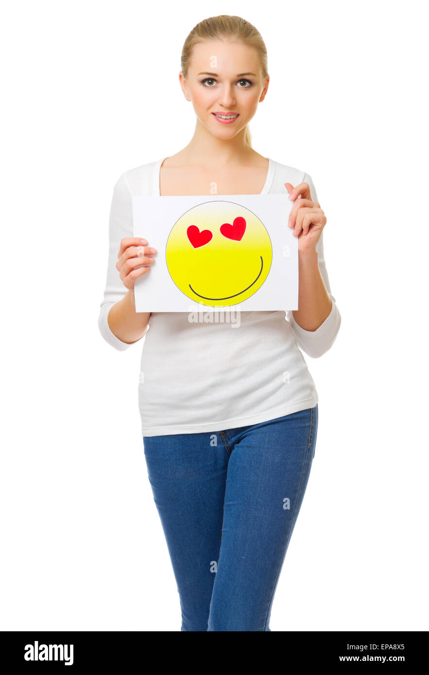 Young girl in jeans with love theme poster isolated Stock Photo