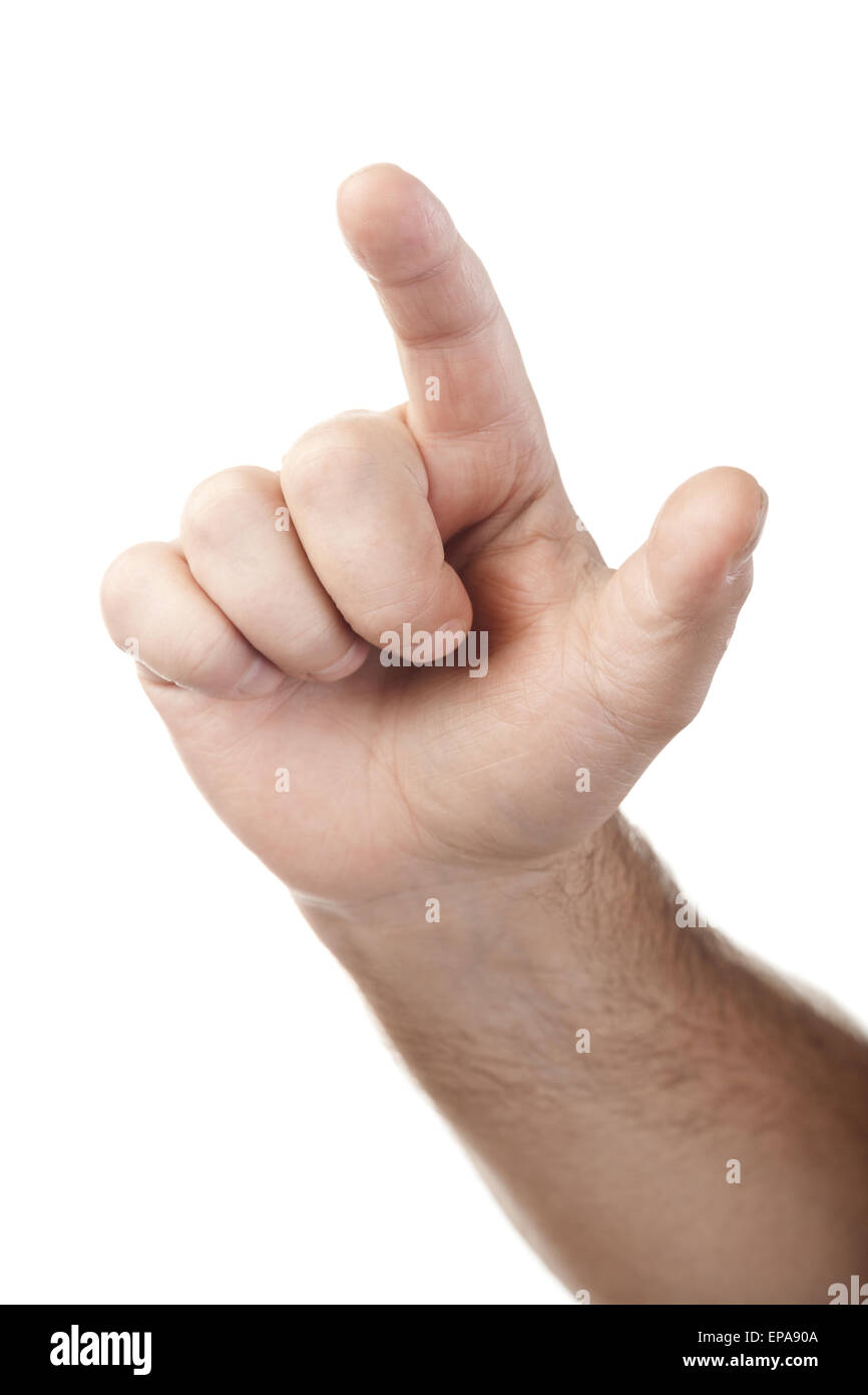 male hand touching virtual screen isolated Stock Photo