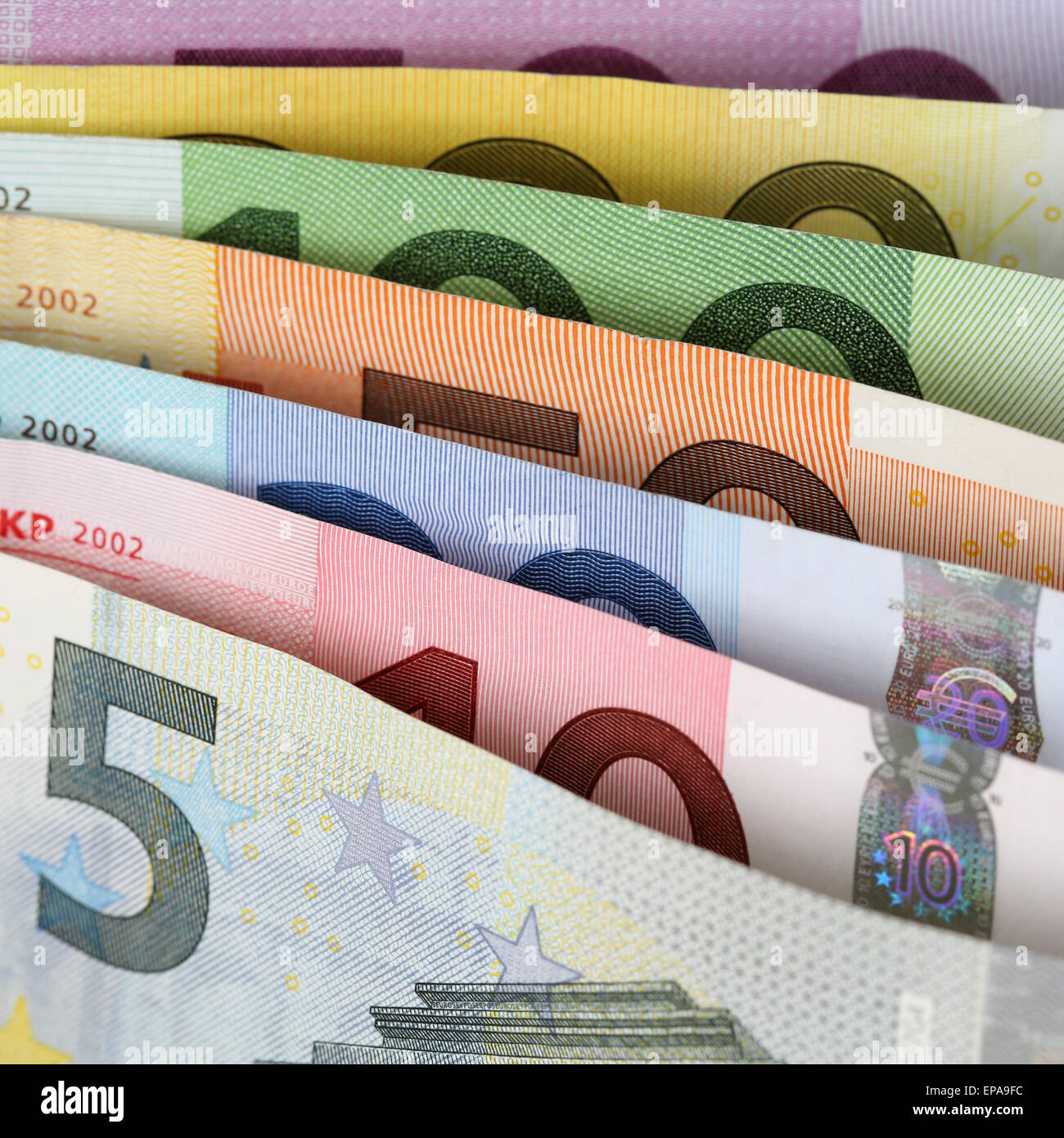 Alle aktuellen Euro Scheine hintereinander Stock Photo