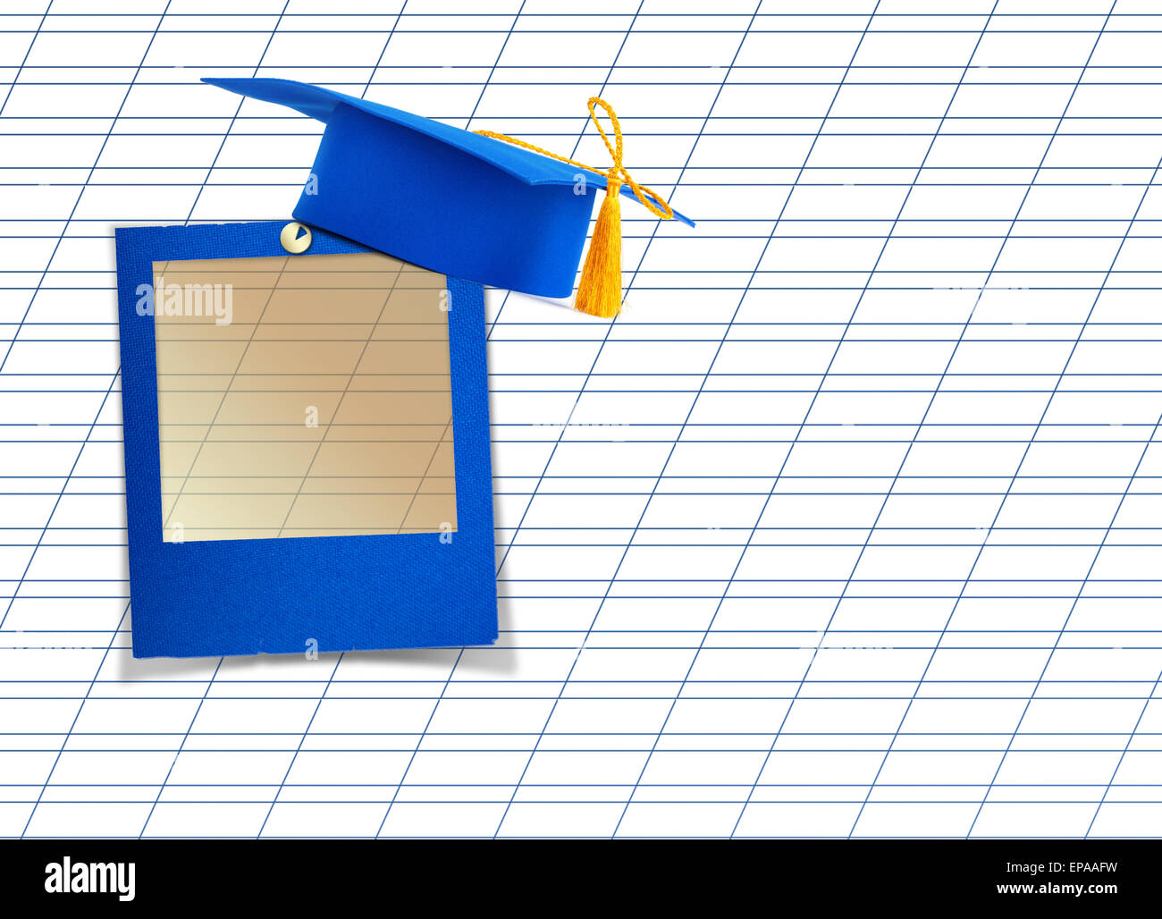 Mortar board or graduation cap with blue slide on the background notebook sheet Stock Photo