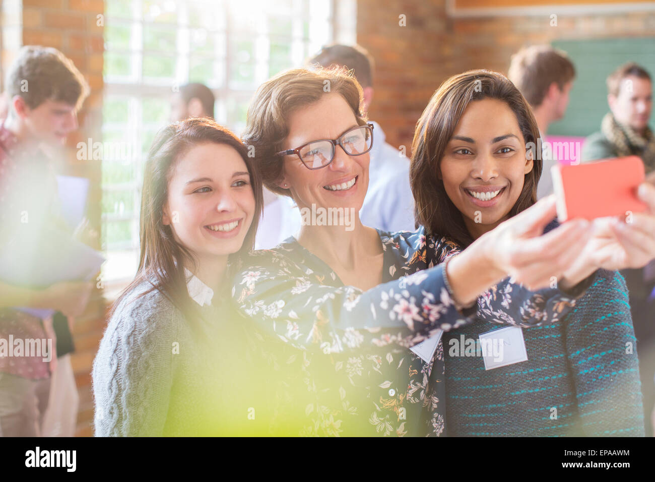 woman selfie camera phone Community center Stock Photo