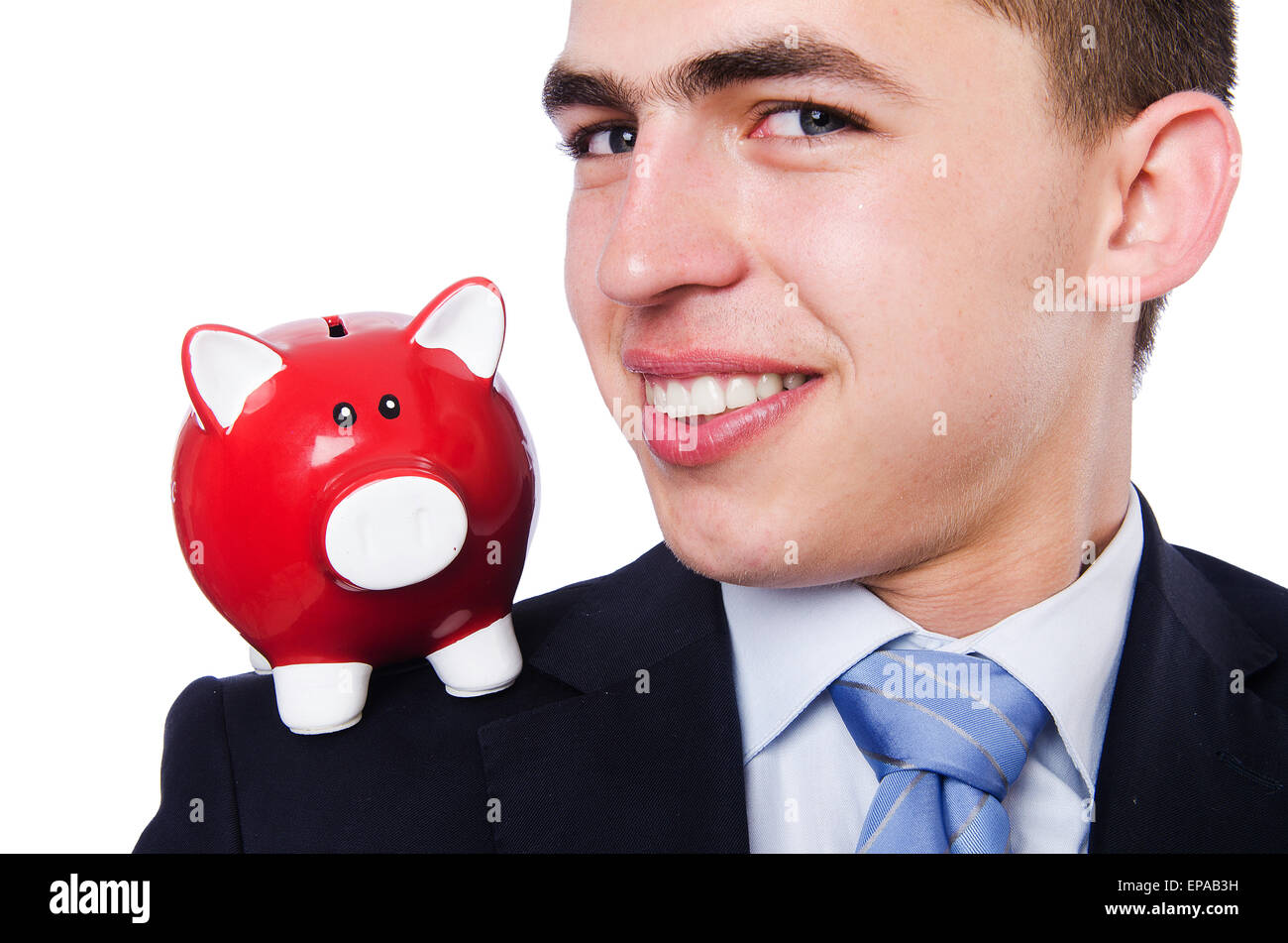 Man with piggybank isolated on white Stock Photo - Alamy