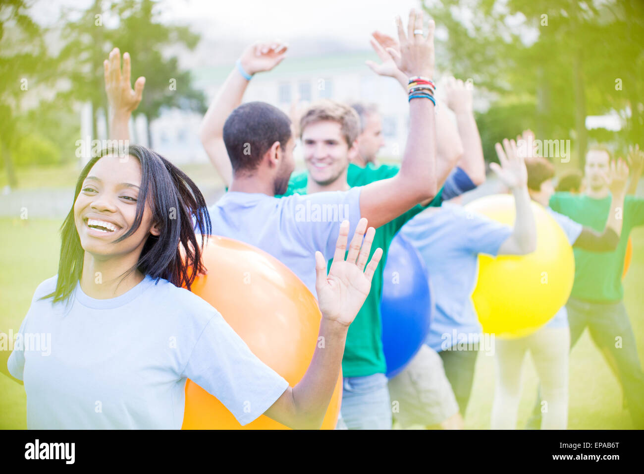 performing fitness ball team building activity Stock Photo Alamy