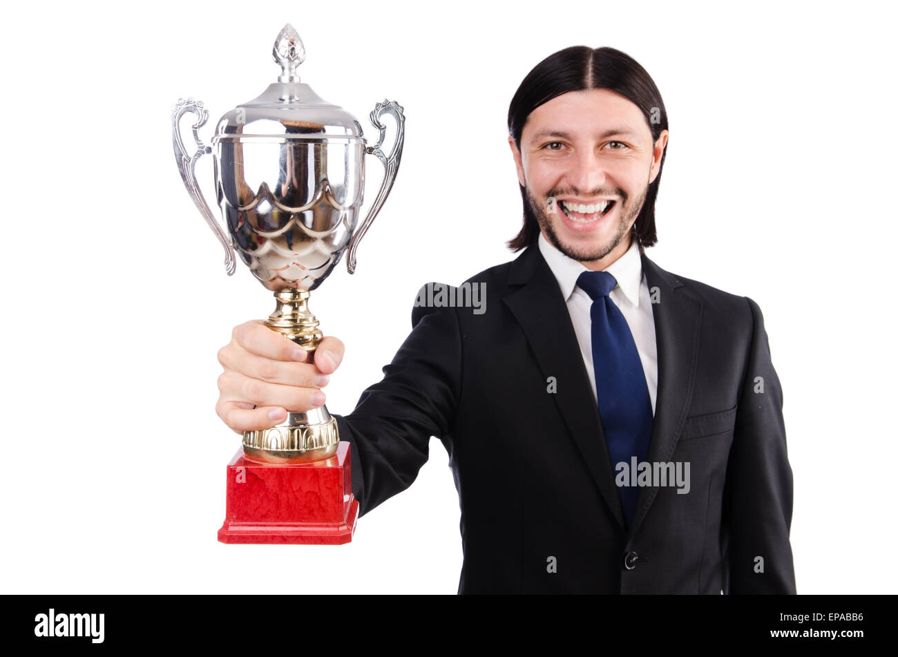 Businessman awarded with prize cup isolated on white Stock Photo