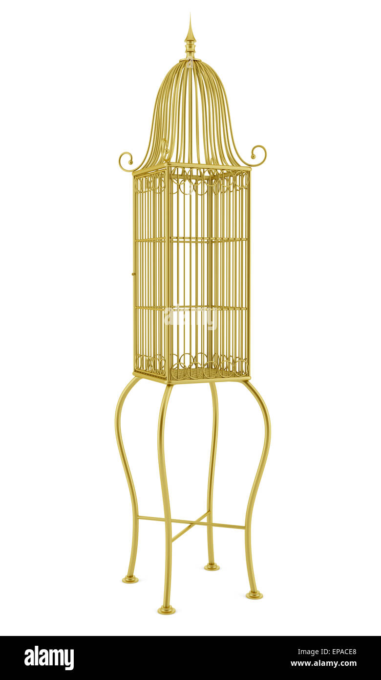 empty golden birdcage isolated on white background Stock Photo