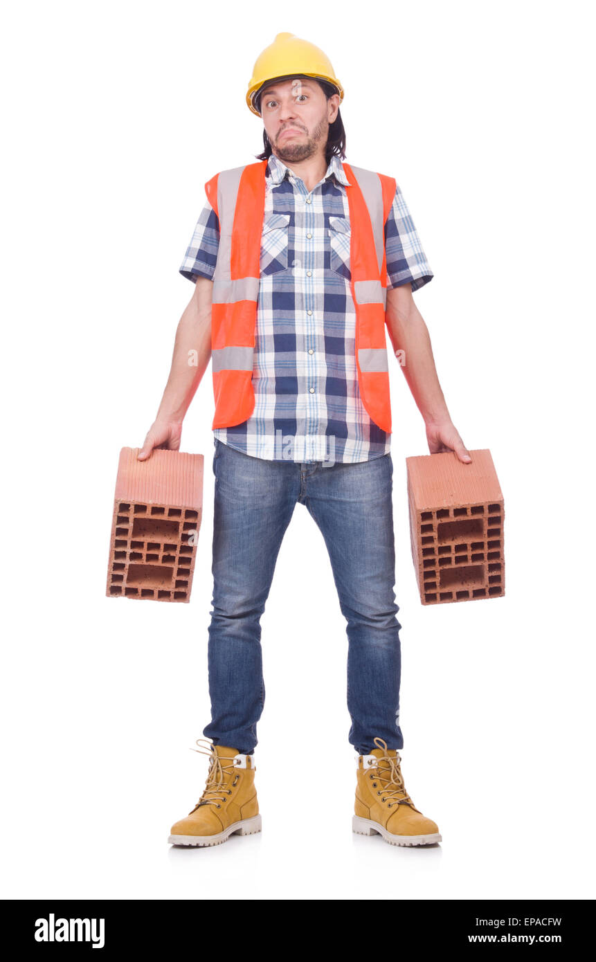 Builder with clay bricks isolated on white Stock Photo Alamy