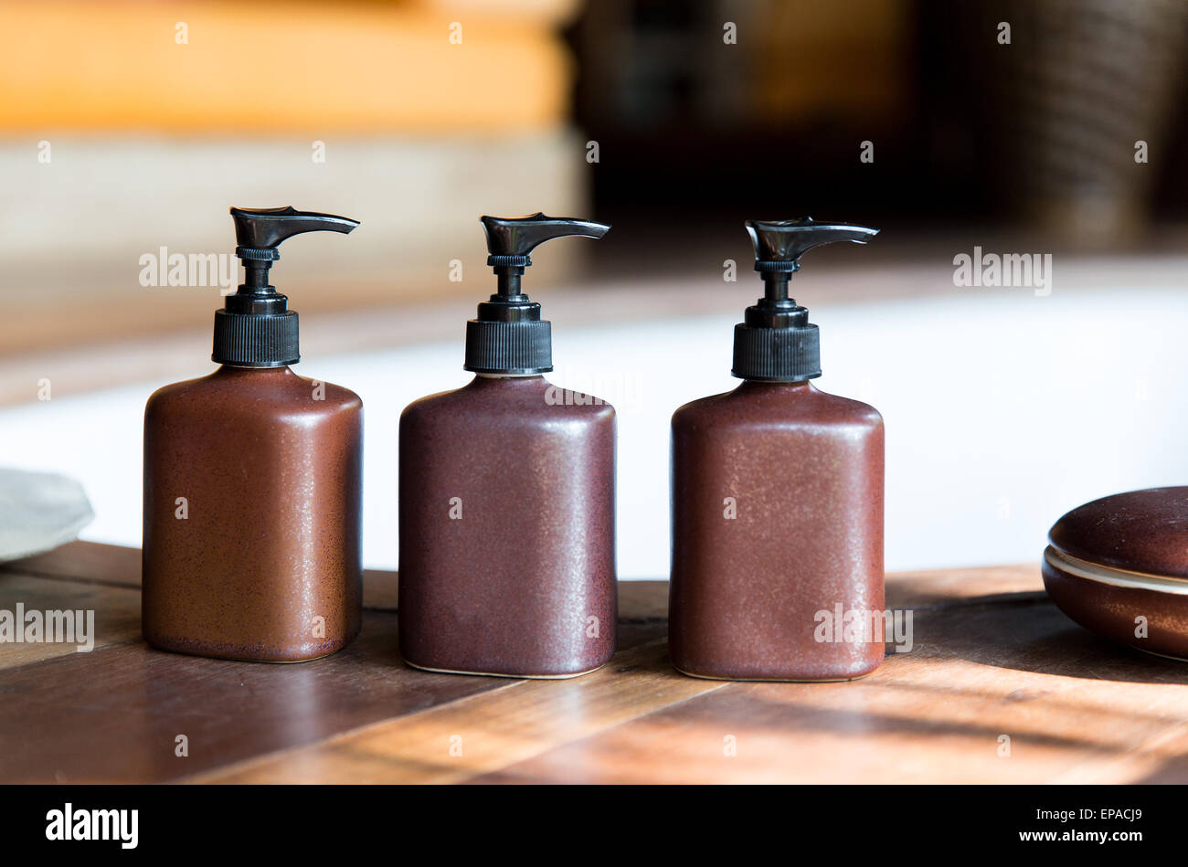 liquid soap or body lotion set at hotel bathroom Stock Photo